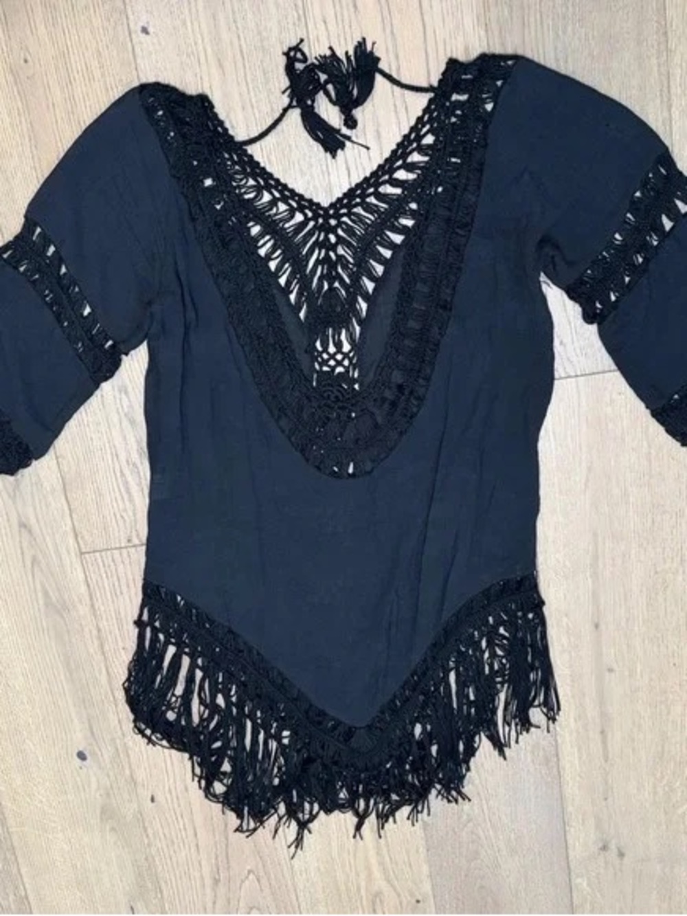 Black Crochet V-Neck Fringe Women's Top